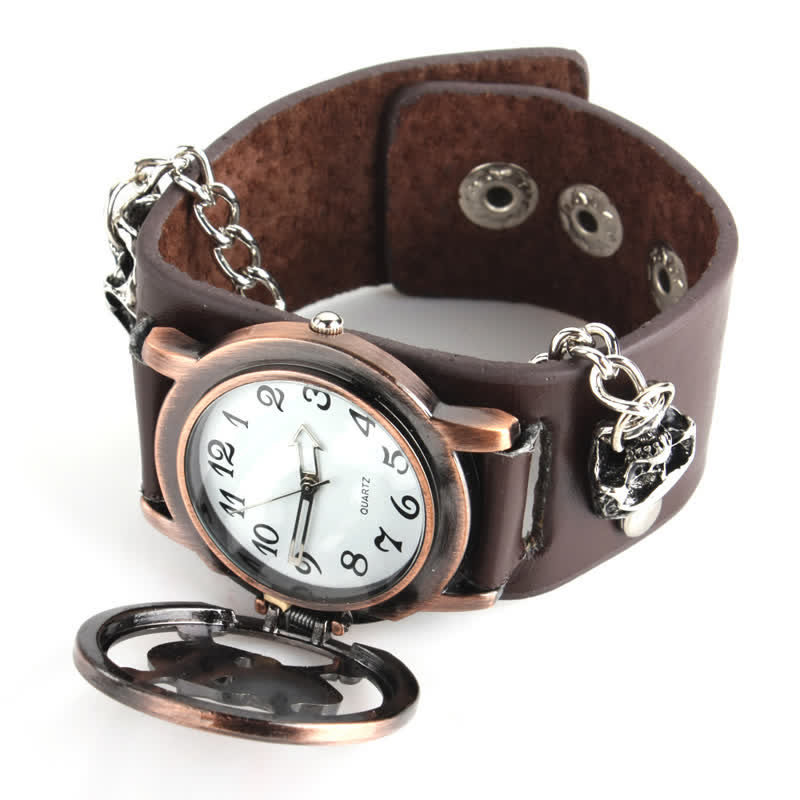 Montre homme Rock Silver River en cuir avec chaîne et cache tête de mort