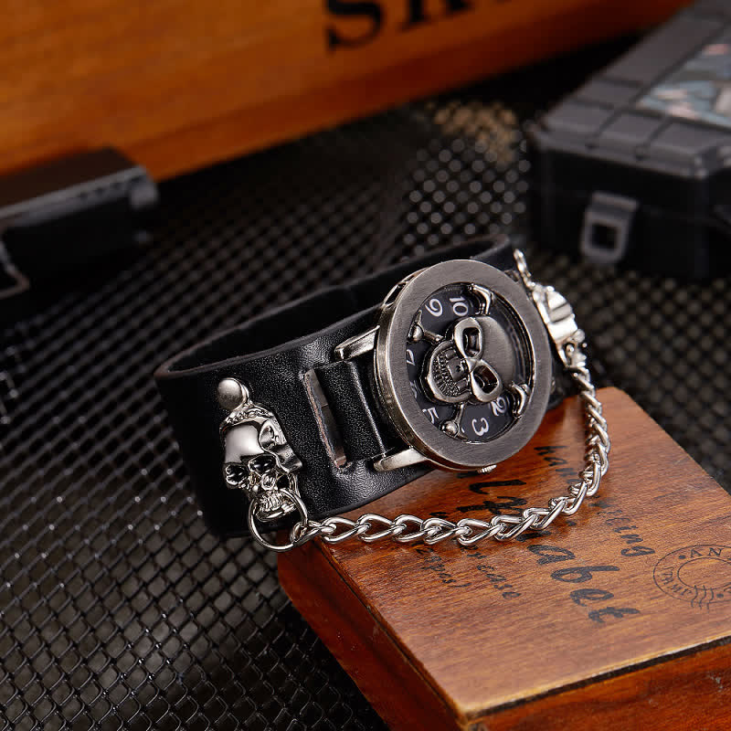 Montre homme Rock Silver River en cuir avec chaîne et cache tête de mort
