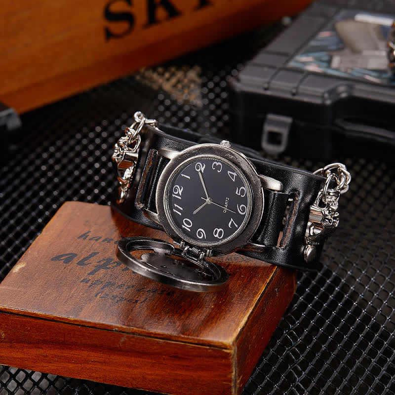 Montre homme Rock Silver River en cuir avec chaîne et cache tête de mort