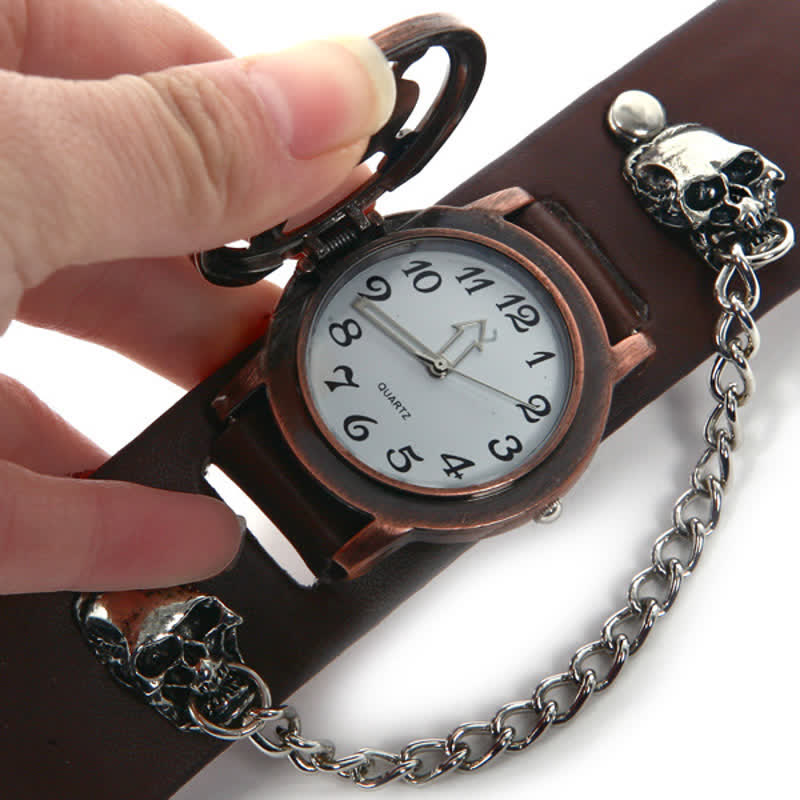 Montre homme Rock Silver River en cuir avec chaîne et cache tête de mort