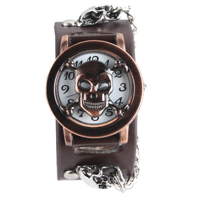 Montre homme Rock Silver River en cuir avec chaîne et cache tête de mort