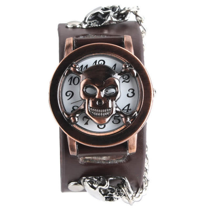 Montre homme Rock Silver River en cuir avec chaîne et cache tête de mort