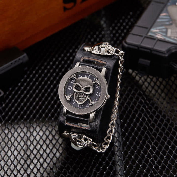 Montre homme Rock Silver River en cuir avec chaîne et cache tête de mort