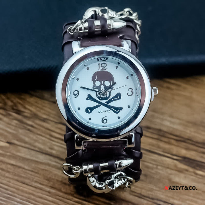 Montre homme en cuir avec cadran tête de mort et chaîne en argent