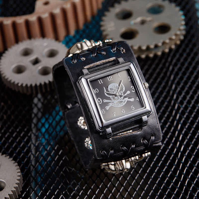 Montre-bracelet en cuir noir pour homme avec rivets et tête de mort