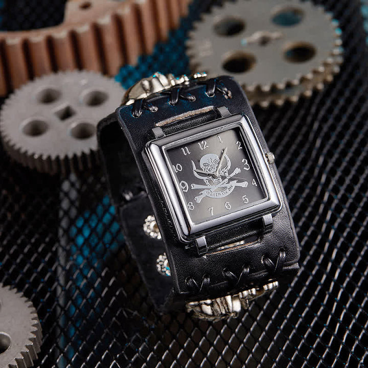 Montre-bracelet en cuir noir pour homme avec rivets et tête de mort