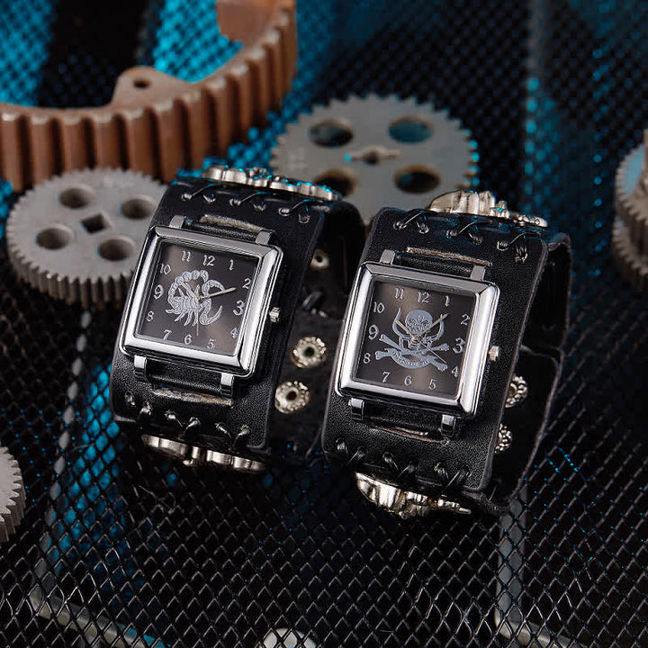Montre-bracelet en cuir noir pour homme avec rivets et tête de mort