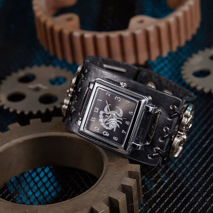 Montre-bracelet en cuir noir pour homme avec rivets et tête de mort