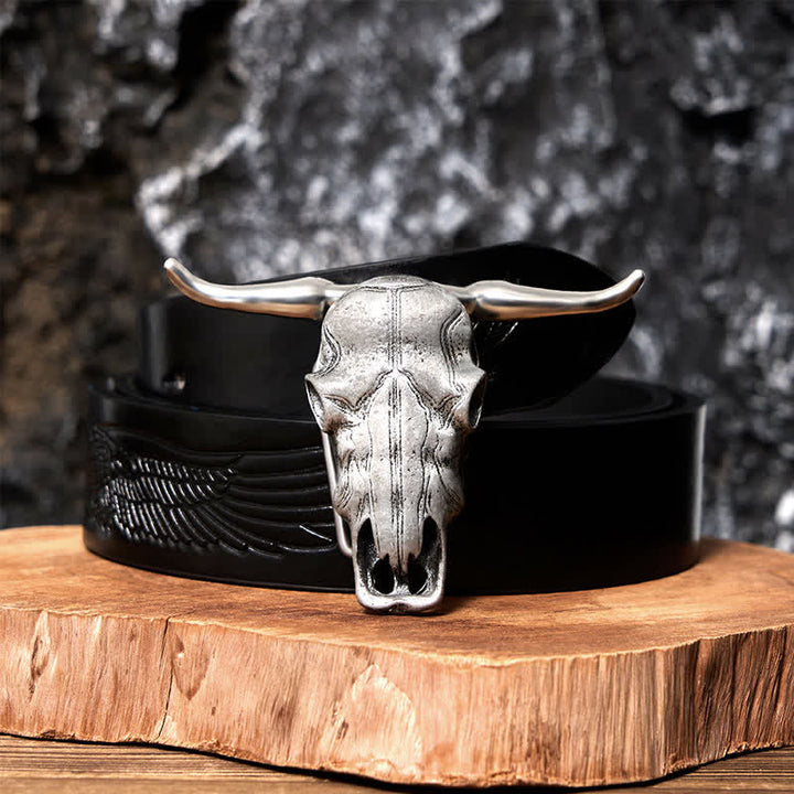 Ceinture en cuir à boucle argentée avec couteau caché à tête de longhorn unique - Ceinture noire avec aigle en relief - 42 - image 9