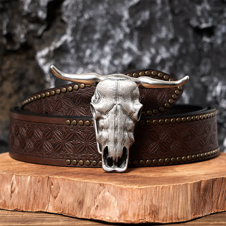 Ceinture en cuir à boucle argentée avec couteau caché à tête de longhorn unique - Ceinture à rivets marron - 42 - image 11