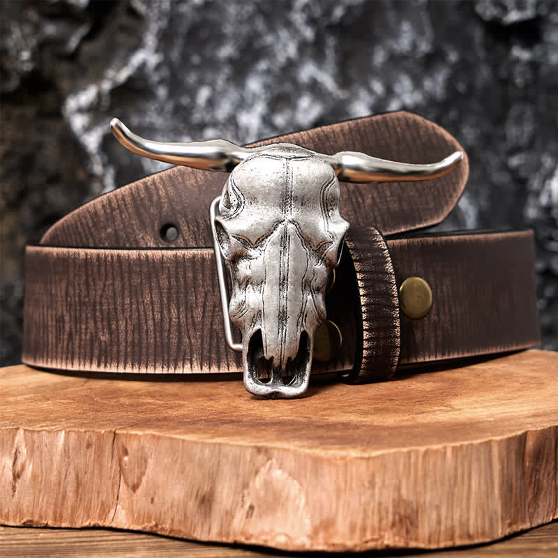 Ceinture en cuir à boucle argentée avec couteau caché à tête de longhorn unique - Ceinture marron vieillie - 42 - image 12
