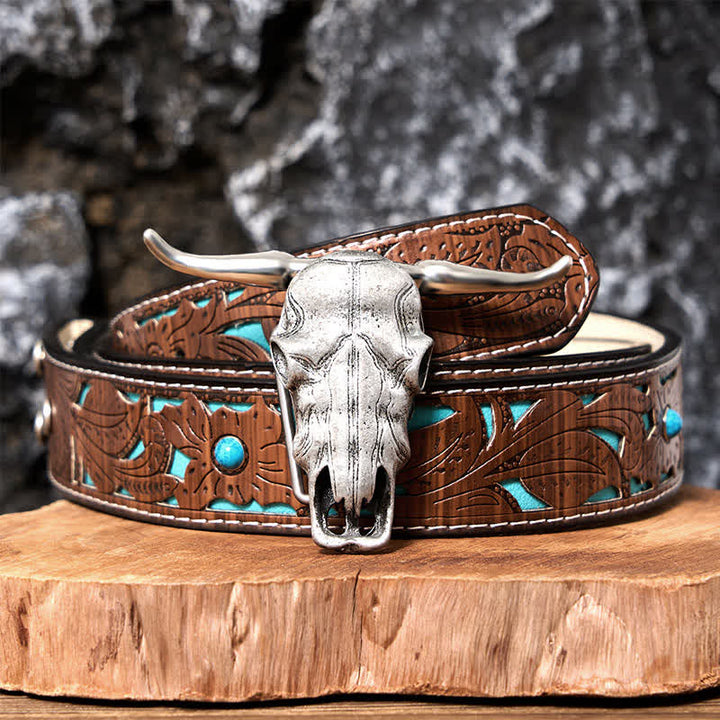 Ceinture en cuir à boucle argentée avec couteau caché à tête de longhorn unique - Ceinture sculptée en turquoise - 42 - image 10