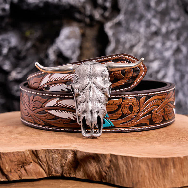 Ceinture en cuir à boucle argentée avec couteau caché à tête de longhorn unique - Ceinture à plumes marron - 40 - image 14