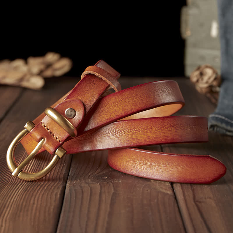Ceinture en cuir véritable pour femme, faite à la main, avec boucle en laiton étroite