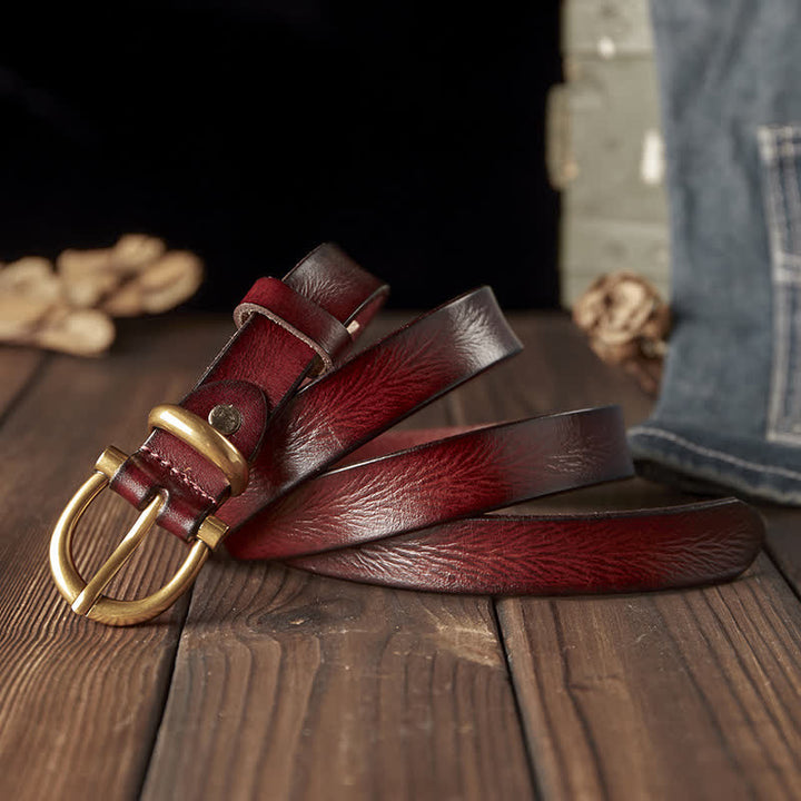 Ceinture en cuir véritable pour femme, faite à la main, avec boucle en laiton étroite