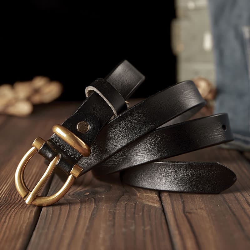 Ceinture en cuir véritable pour femme, faite à la main, avec boucle en laiton étroite