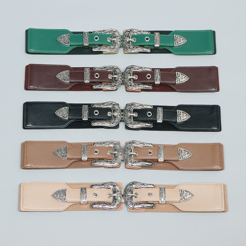 Ceinture élastique en cuir à double boucle pour femme, idéale pour jeans, pantalons et robes