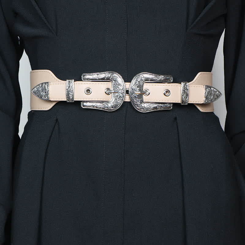 Ceinture élastique en cuir à double boucle pour femme, idéale pour jeans, pantalons et robes