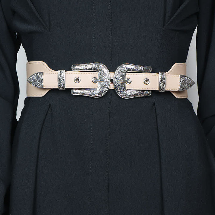 Ceinture élastique en cuir à double boucle pour femme, idéale pour jeans, pantalons et robes