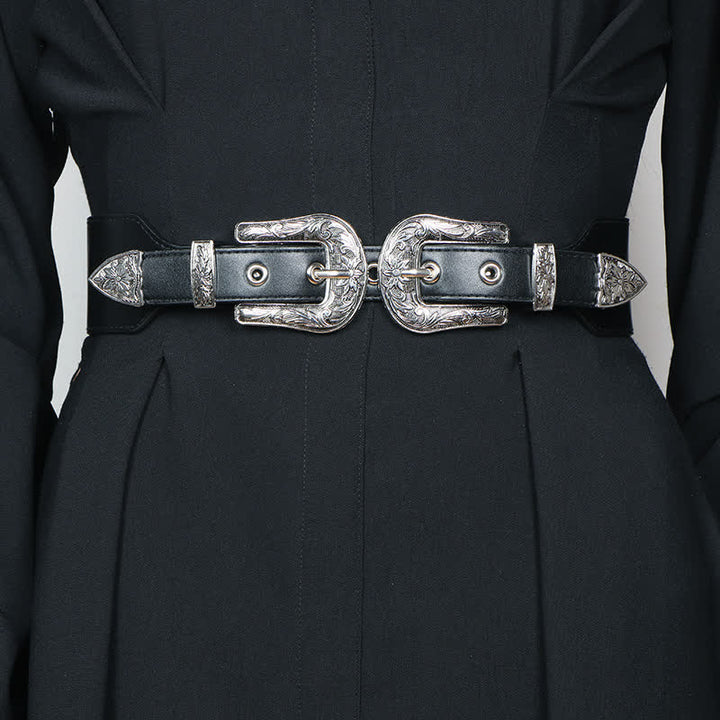 Ceinture élastique en cuir à double boucle pour femme, idéale pour jeans, pantalons et robes