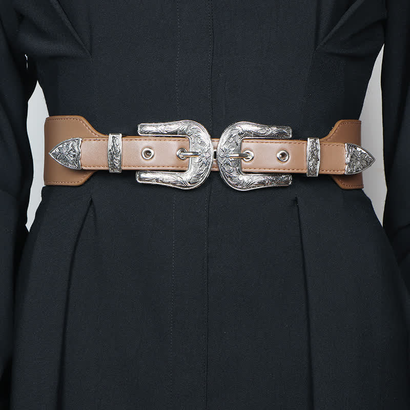 Ceinture élastique en cuir à double boucle pour femme, idéale pour jeans, pantalons et robes