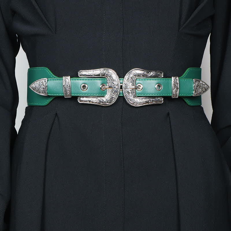 Ceinture élastique en cuir à double boucle pour femme, idéale pour jeans, pantalons et robes