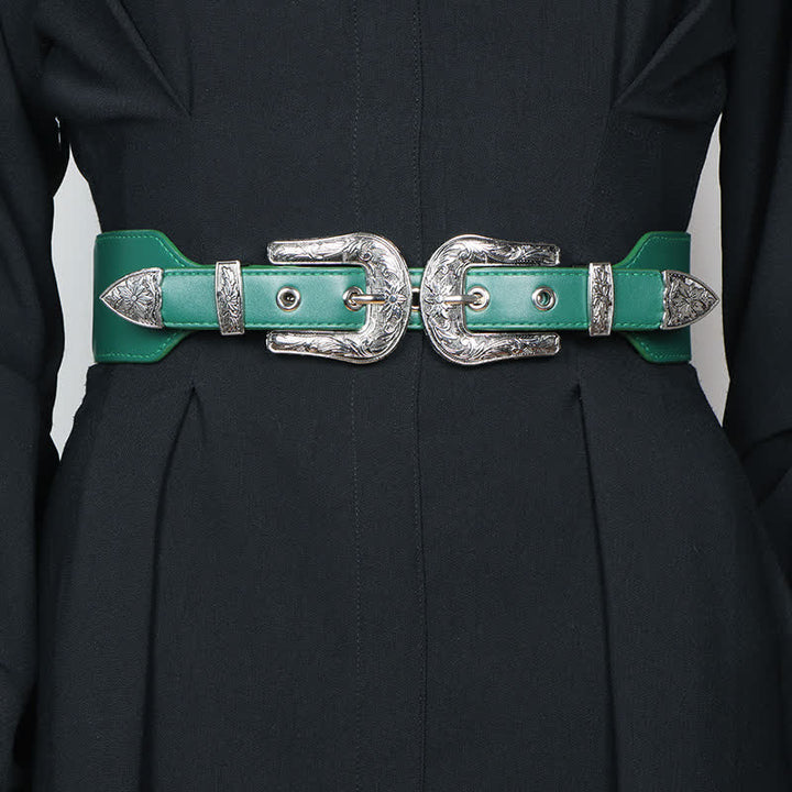 Ceinture élastique en cuir à double boucle pour femme, idéale pour jeans, pantalons et robes