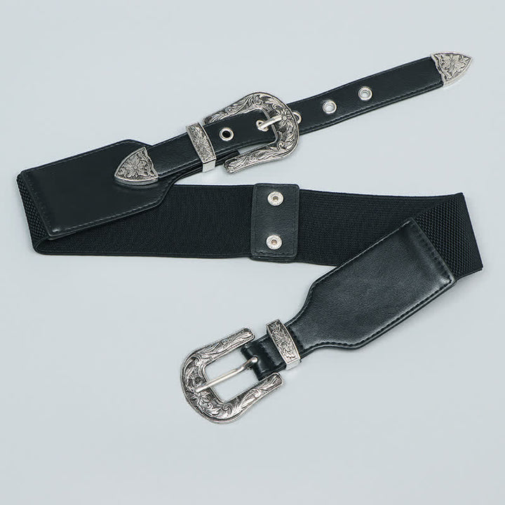 Ceinture élastique en cuir à double boucle pour femme, idéale pour jeans, pantalons et robes