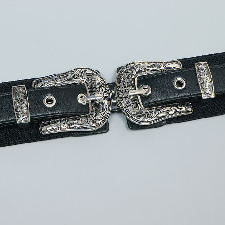 Ceinture élastique en cuir à double boucle pour femme, idéale pour jeans, pantalons et robes