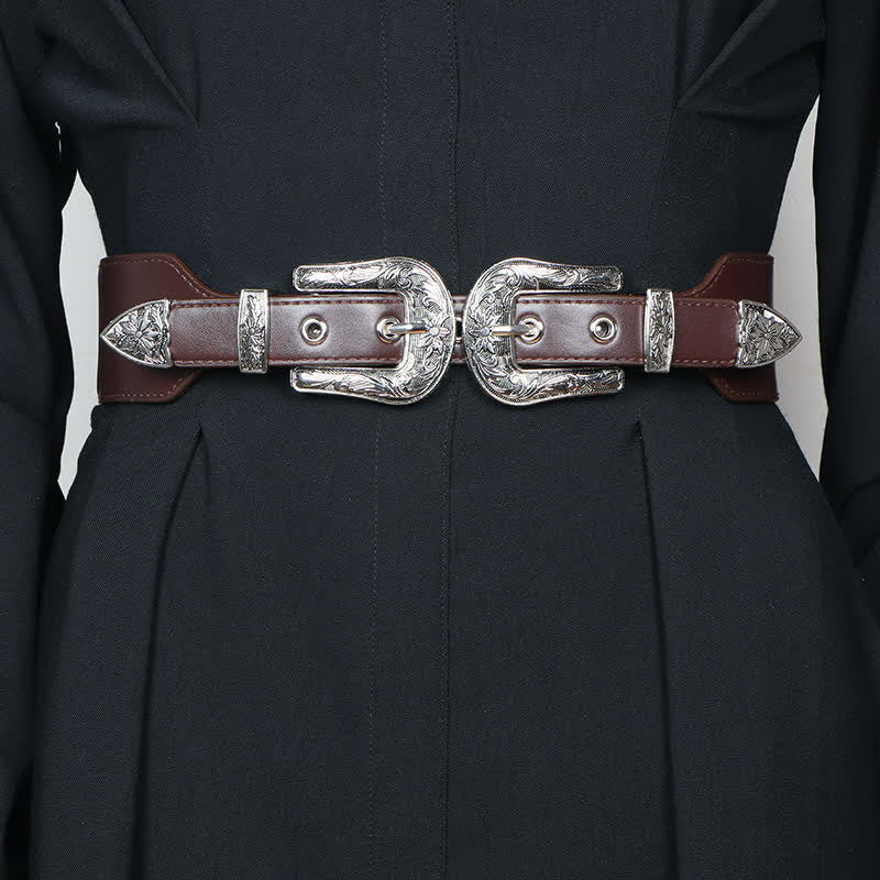 Ceinture élastique en cuir à double boucle pour femme, idéale pour jeans, pantalons et robes