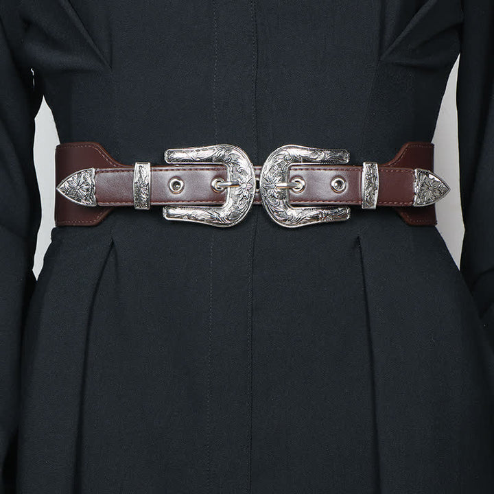 Ceinture élastique en cuir à double boucle pour femme, idéale pour jeans, pantalons et robes