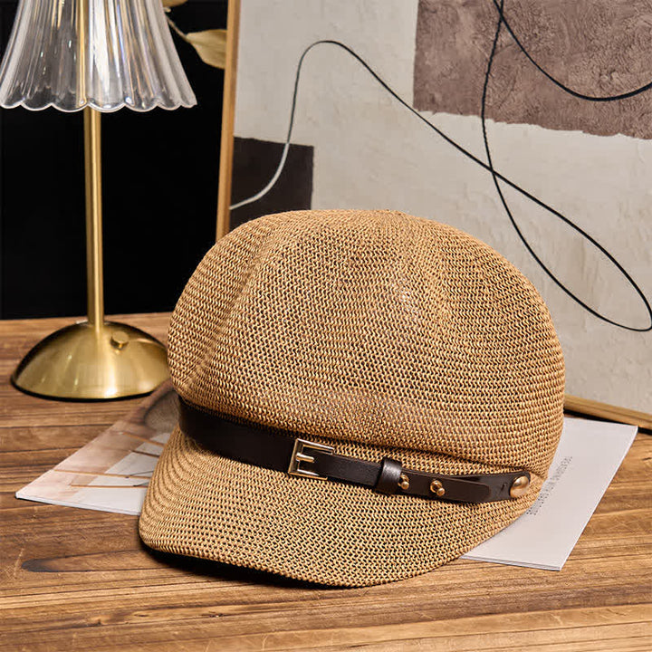 Béret de plage en paille pour femme avec bande décorative en cuir tressé