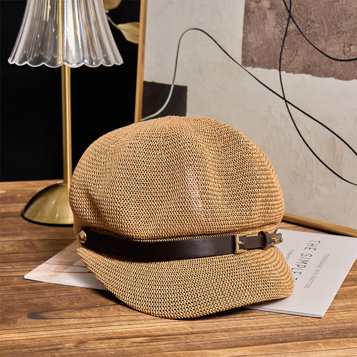 Béret de plage en paille pour femme avec bande décorative en cuir tressé