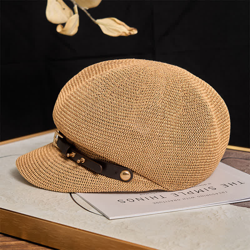 Béret de plage en paille pour femme avec bande décorative en cuir tressé