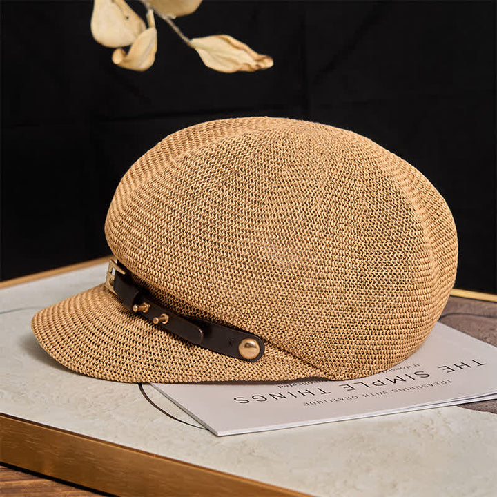 Béret de plage en paille pour femme avec bande décorative en cuir tressé