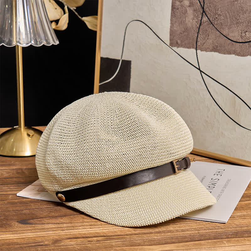 Béret de plage en paille pour femme avec bande décorative en cuir tressé