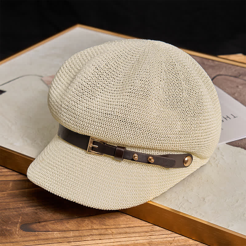 Béret de plage en paille pour femme avec bande décorative en cuir tressé