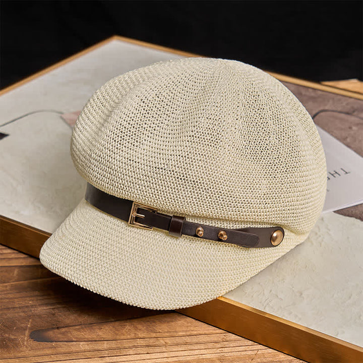 Béret de plage en paille pour femme avec bande décorative en cuir tressé