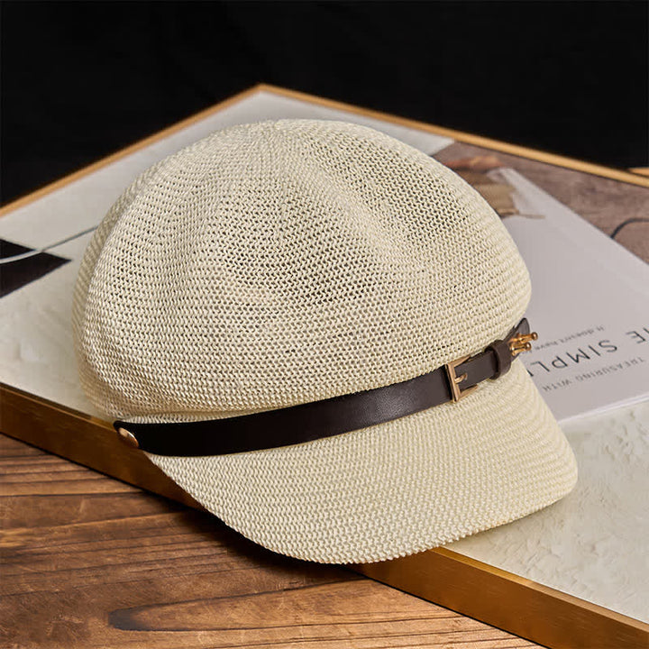 Béret de plage en paille pour femme avec bande décorative en cuir tressé