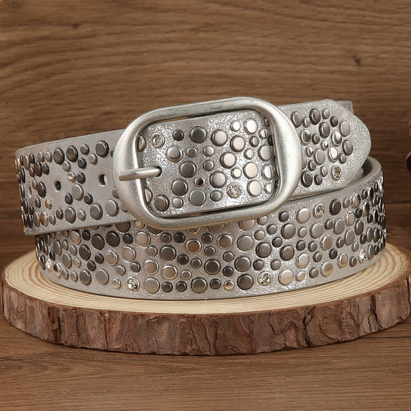 Ceinture en cuir marron argenté style punk asymétrique à rivets ronds