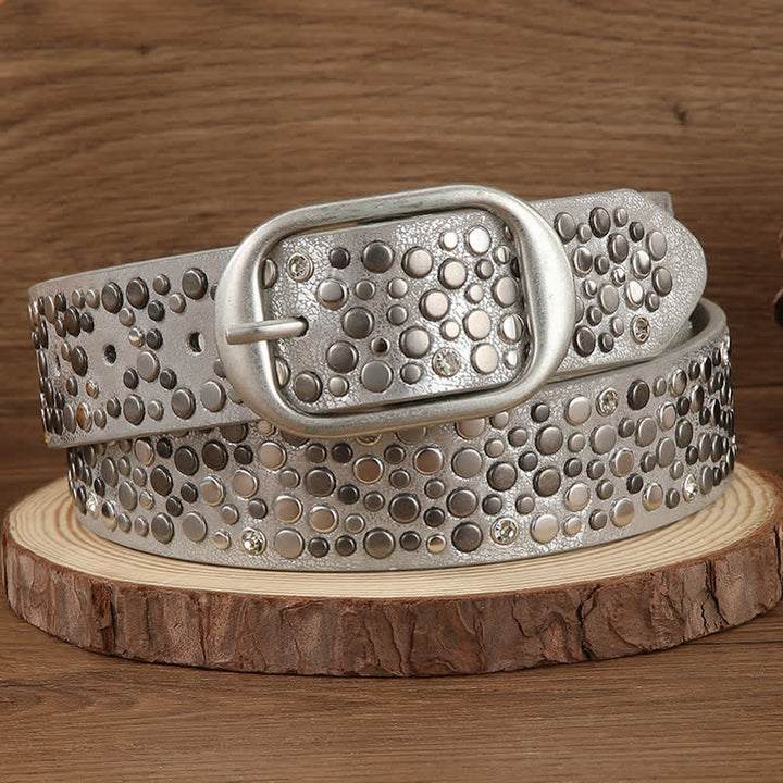 Ceinture en cuir marron argenté style punk asymétrique à rivets ronds