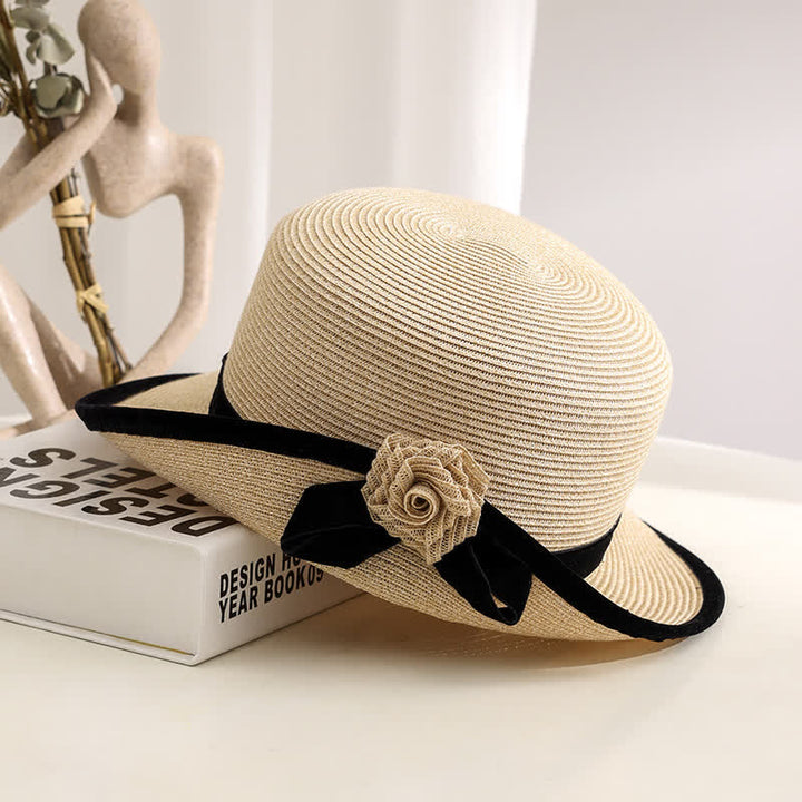 Chapeau de paille pliable élégant à fleurs bicolores pour femme