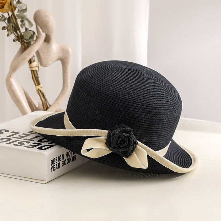 Chapeau de paille pliable élégant à fleurs bicolores pour femme