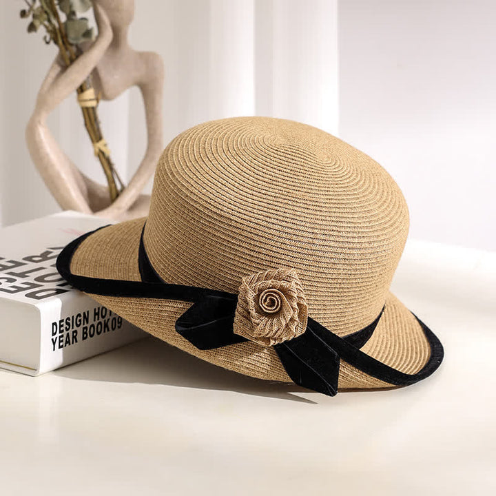 Chapeau de paille pliable élégant à fleurs bicolores pour femme