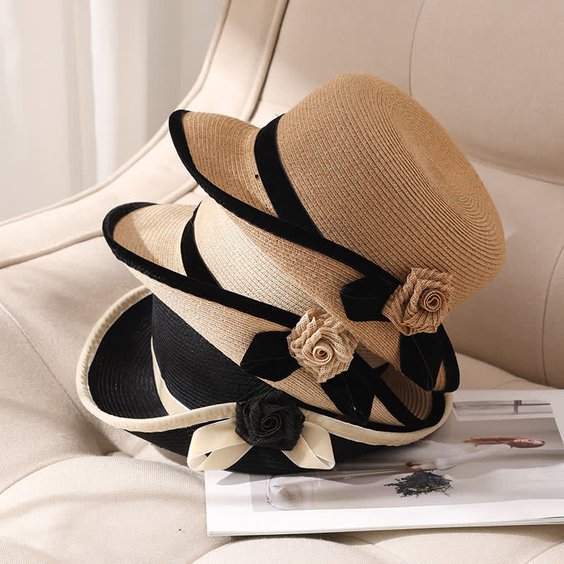 Chapeau de paille pliable élégant à fleurs bicolores pour femme