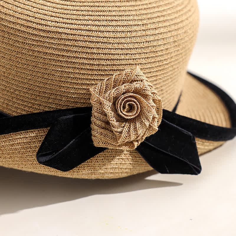 Chapeau de paille pliable élégant à fleurs bicolores pour femme