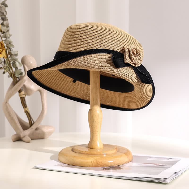 Chapeau de paille pliable élégant à fleurs bicolores pour femme