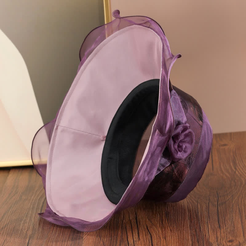 Chapeau de soleil en soie véritable pour femme avec bordure en dentelle et décor floral