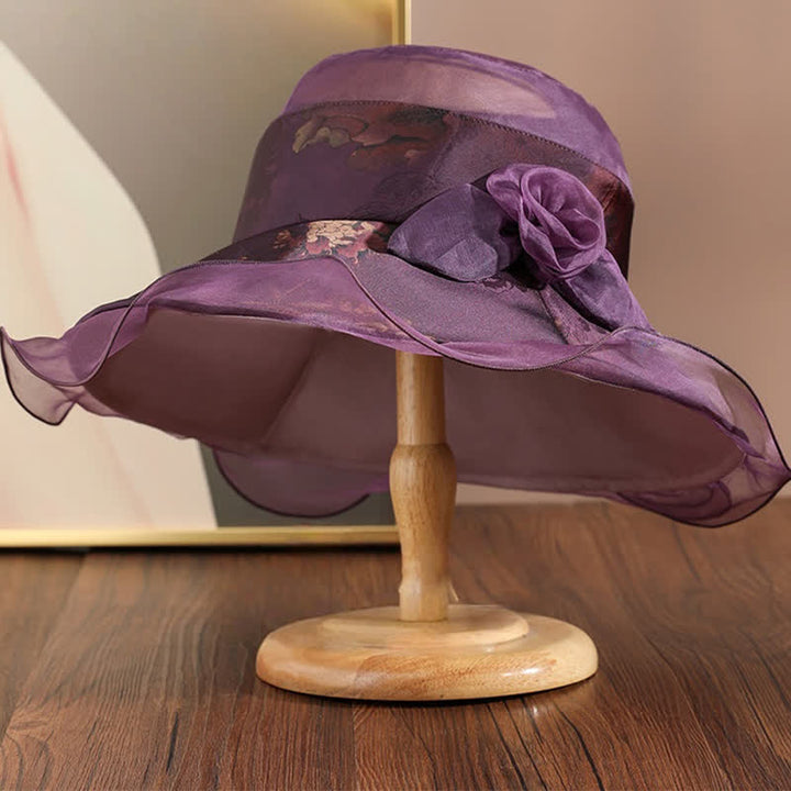 Chapeau de soleil en soie véritable pour femme avec bordure en dentelle et décor floral