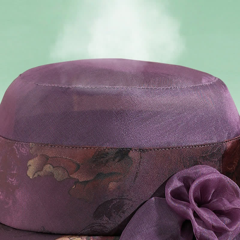 Chapeau de soleil en soie véritable pour femme avec bordure en dentelle et décor floral